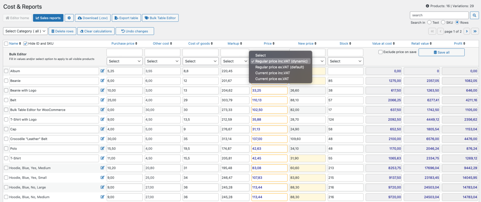 cost reports price selector