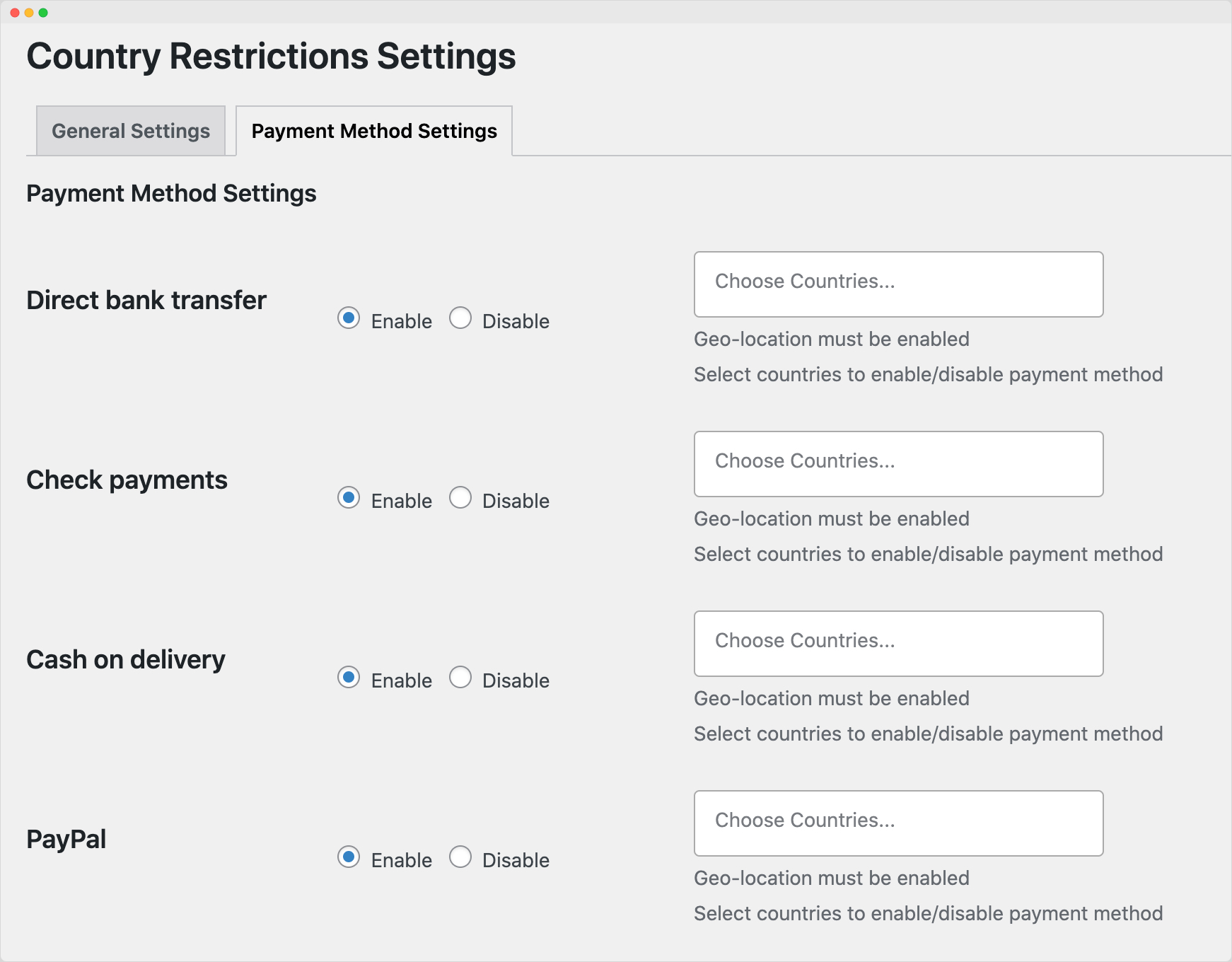 WooCommerce Payment methods by country