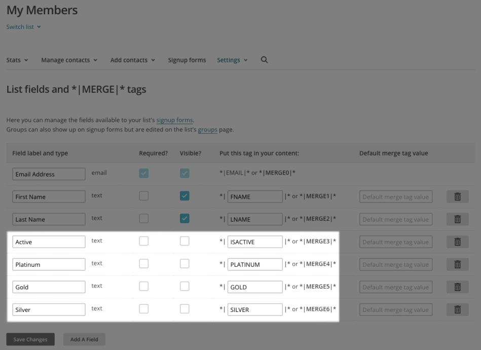 wcm mailchimp sync merge tags created
