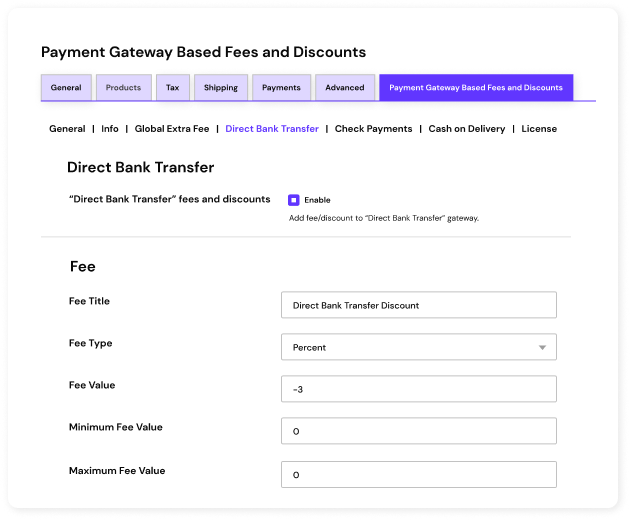 Extra fees or discounts for payment gateways