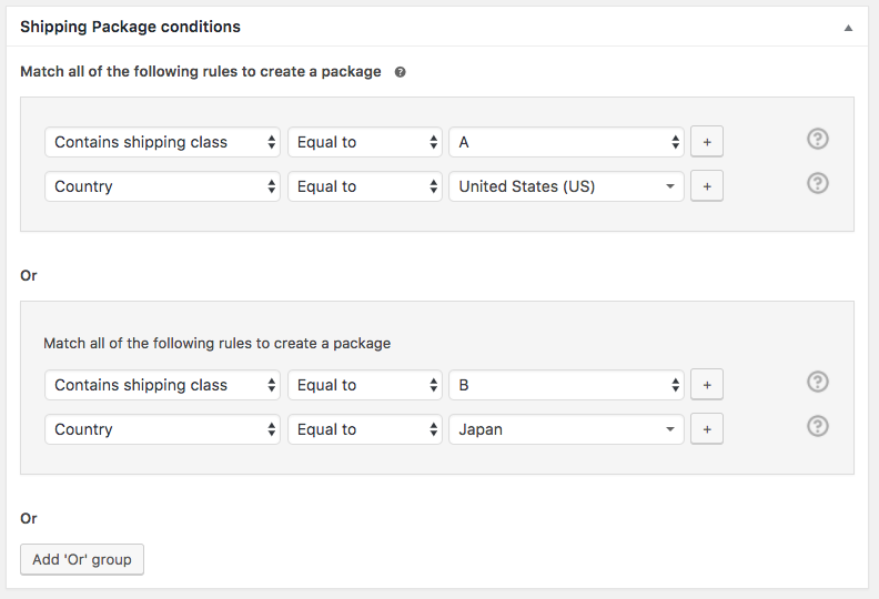 shipping packages settings conditions
