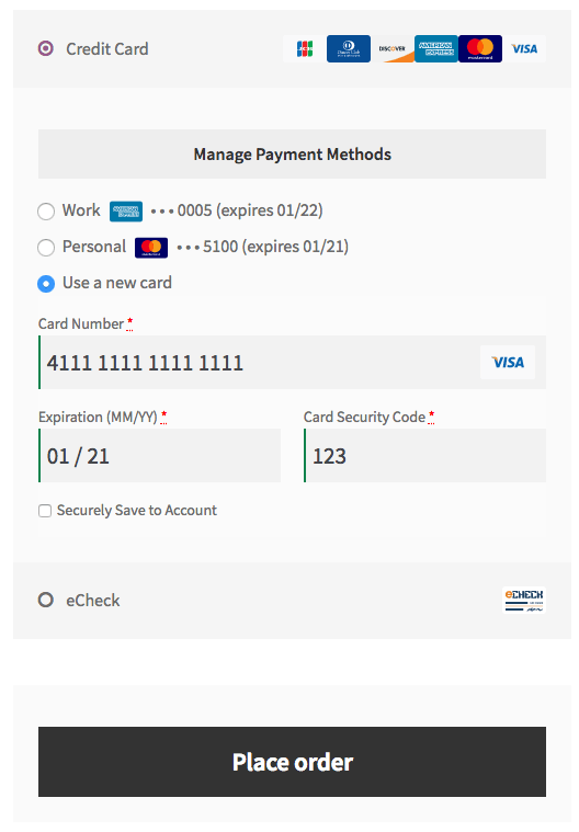 woocommerce intuit payments checkout with saved methods
