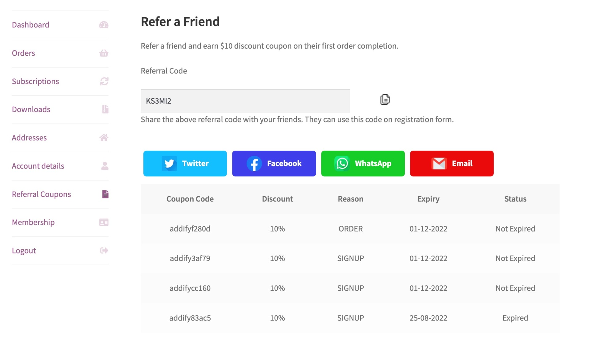 Refer a Friend My Account page