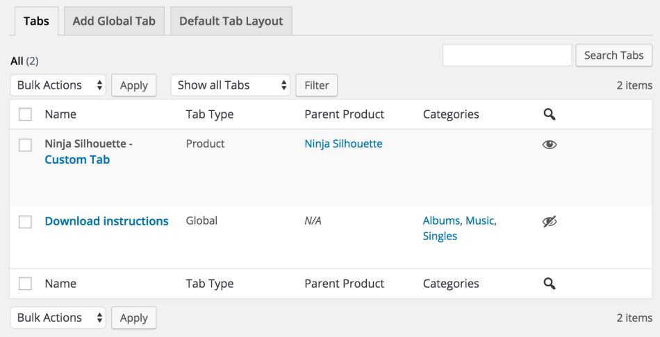 woocommerce tab manager tabs list