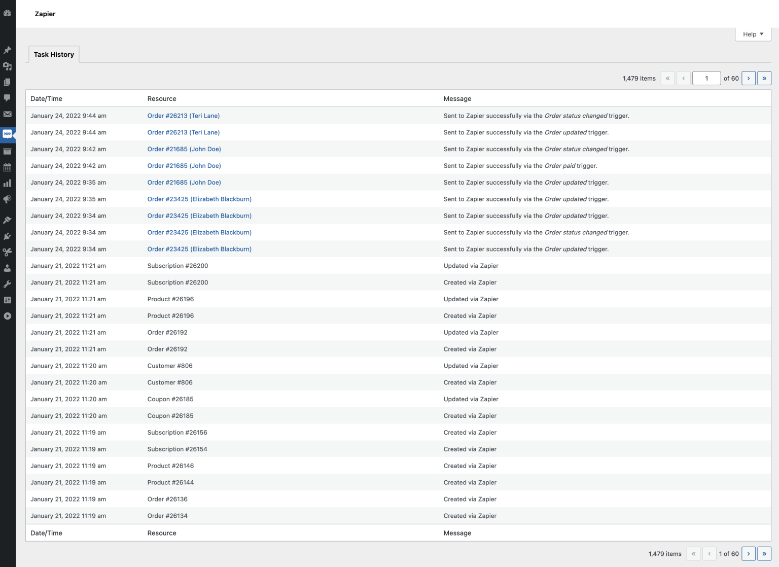 zapier task history woocommerce dashboard