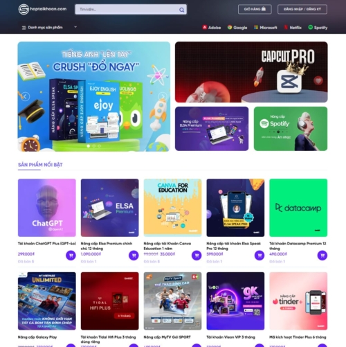 Theme wordpress bán tài khoản, phần mềm, key bản quyền 01